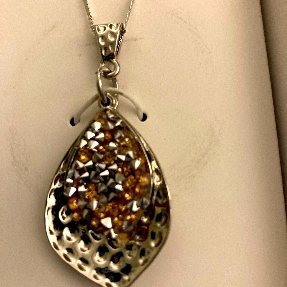 Necklace teardrop design silver & gold tone with sparkles 32” new in box